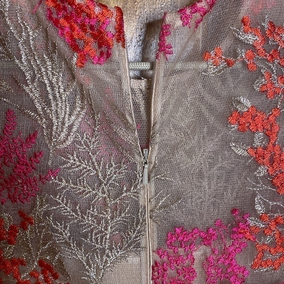 David Meister floral sheer pink Red Embroidered Midi Cocktail Sheath Dress 4 - Picture 6 of 10